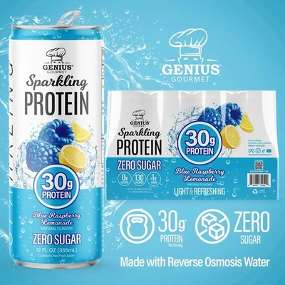 Bebida espumosa Genius Gourmet 30 g de proteína, limonada de frambuesa azul, paquete de 15 Foto 1 de 3
