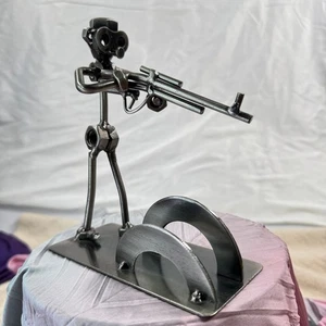 Nuts & Bolts Metal Rifleman Sculpture Business Card Holder Desk Art 7” - Picture 1 of 12