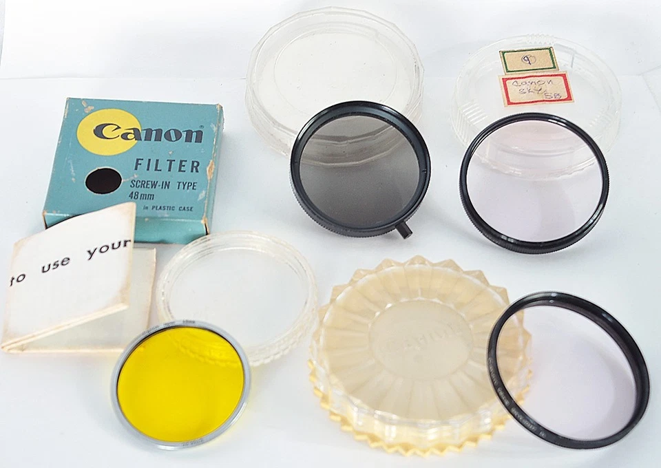 4x Vintage Canon Screw-In Lens Filters 58, 55, 52, 48 Skylight,Yellow,Polarizer - Image 1 of 4