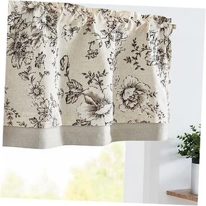 Linen Valance Curtain Farmhouse 50"W x 16"L (Pack of 1) Flower Black on Beige - Picture 1 of 7