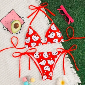 S-M Rot Hello Kitty Bikini Set Bademode Damen Mädchen BH Tanga Unterwäsche Kawaii - Bild 1 von 6