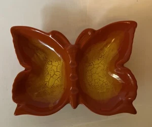 Mid Century Modern Ashtray Drip Glaze Orange & Yellow Butterfly Vintage READ - Picture 1 of 3