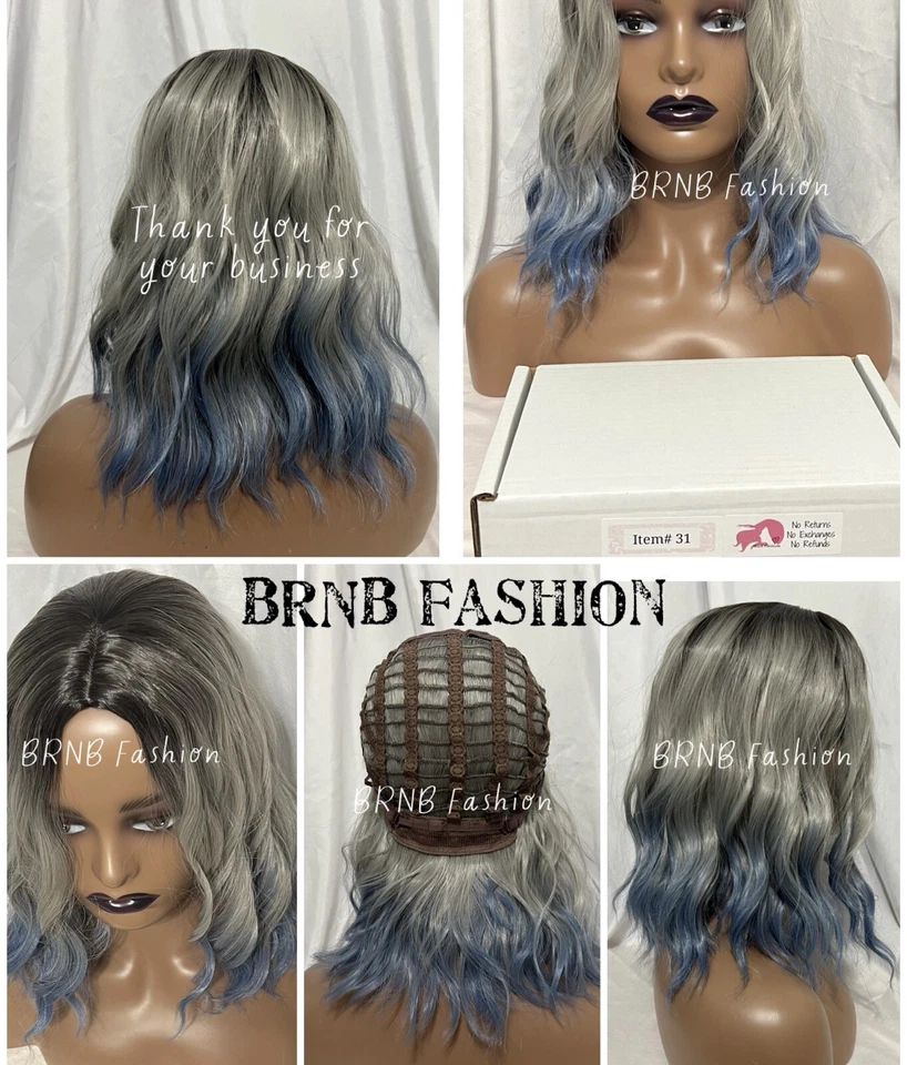 Peluca sintética corta ondulada sin flequillo gris y azul EE. UU. EE. UU. envío rápido regalo gratuito #31 Foto 1 de 1