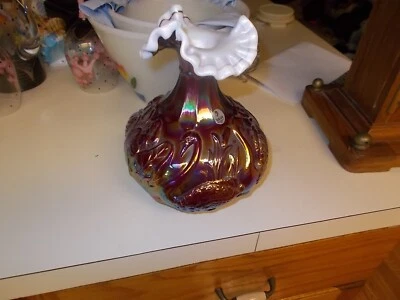 Beautiful Fenton Ruby Red Iridescent Carnival Glass Swan Vase with Cattails MINT - Image 1 of 3