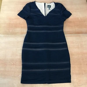 Adrianna Papell Sheath Dress Women 10 Blue Pintucked Spliced Stretch Mini V Neck - Picture 1 of 13