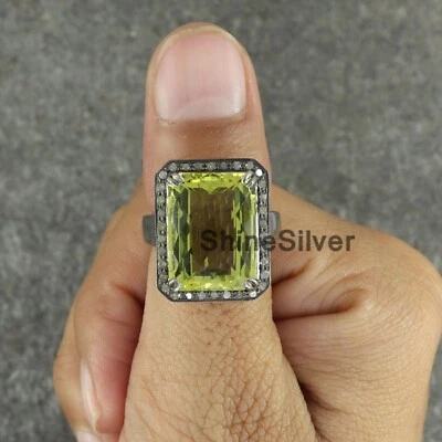 Anillo Pavé Diamantes Plata 925 Cuarzo Limón Verde Natural Talla US 7 Foto 1 de 4