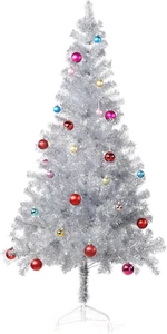 6 ft Silver Tinsel Christmas Tree 24ct Assorted Ornament Set Metal Stand - Picture 1 of 12