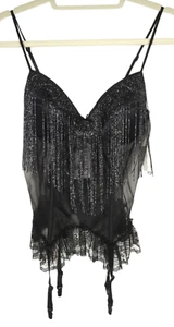 Vintage Secret Treasures Sexy Black Bustier, Metallic Fringe, Thong, Size M - Picture 1 of 15