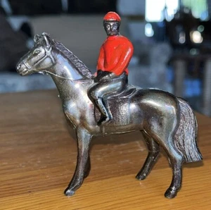 Vintage 3” Metal Horse Equestrian Copper Wash 1950’s Jockey  Rider W Red Shirt - Picture 1 of 11