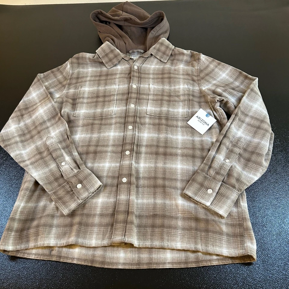 Мужская фланелевая рубашка с капюшоном Arizona Jean Co. в клетку на пуговицах с длинным рукавом средний размер - Изображение 1 из 4