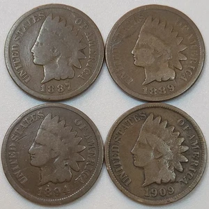 1887 1889 1894 1909 Indian Head Penny Set- With Better Dates (Lot#1) - Picture 1 of 2