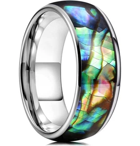 Ebay Wedding Rings Mens or Unisex 8mm Domed Silver Tungsten Abalone Wedding Band - Picture 1 of 6