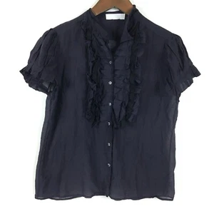 Nicole Farhi Womens Top Small Blue Short Sleeve Button Up Ruffle Front  - Picture 1 of 9