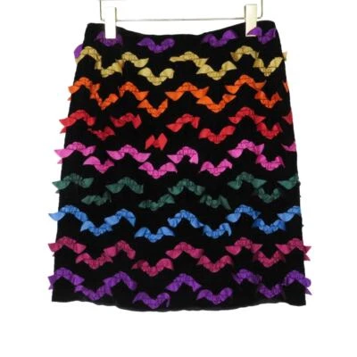 Vintage Handmade Black Rainbow Striped Frilly Ribbon Midi Skirt 26" - Image 1 of 4