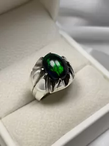 Natural Black Fire Opel Men's Handmade Ring 925 Silver Gift for Him - Picture 1 of 3