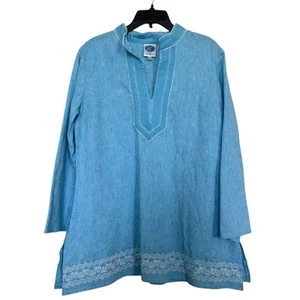 Diane Gilman DG2 Women’s Sz M Turquoise Linen Blend Embroidered Tunic Blouse - Picture 1 of 6