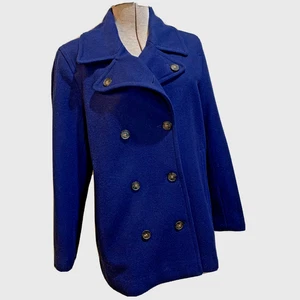 Lands End Coat Wool Blend Womens Navy Double Breasted Pockets Long Sleeve 10P - Picture 1 of 11