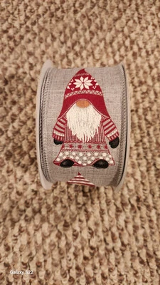 Christmas Winter Gnomes Wired Ribbon Edge 5 Yards Red Gnome On Grey Background  - Image 1 of 2