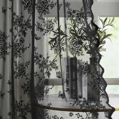 Cortinas de encaje negras vintage florales negras transparentes 84 pulgadas varilla bolsillo Li... Foto 1 de 4