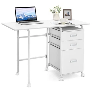 Folding Computer Laptop Desk Wheeled Home Office Furniture w/3 Drawers White - Picture 1 of 10