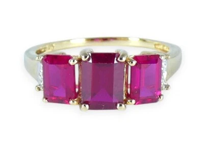 Modern Solid 9ct Yellow Gold Trilogy Ruby & Diamond Dress Cocktail Ring 8.5 Q 58 - Image 1 of 4
