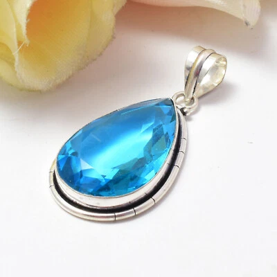 Swiss Blue Topaz Gemstone 925 Sterling Silver Handmade Pendant Foto 1 de 4