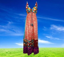 Womens Strap Sundress, Pink Recycled Silk Dress, Spaghetti Strap, Boho Hippy S/M
