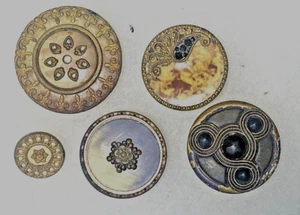 5 Antique Victorian Celluloid Open Work Metal Fancy Buttons 1/2"-1+1/4" - Picture 1 of 2