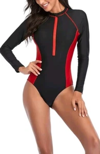 Women's XXL Long Sleeve One Piece Swimsuit Black Red Bathing Suit Rash Guard - Picture 1 of 6
