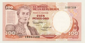 Kolumbien 100 Pesos 1-1-1987 Pick 426.c UNC Banknote Stempelglanz - Bild 1 von 2