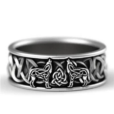 Celtic Knot Wolves Ring Band Trinity Knot Viking Wolf Jewelry - Image 1 of 4