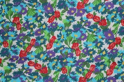 Tela 100 % algodón ~ blanco con azul, verde azulado, grns, dk mve, flores amarillas ~ AÑADIR Foto 1 de 2