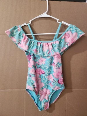 Terno de natação infantil feminino (LG) babado fora do ombro flamingo tropical - Imagem 1 de 3