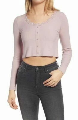 BP Crop Top Size M Long Sleeve Button Lace Detail Ribbed Pink B36 - Image 1 of 4