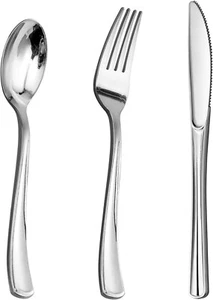 75pk Silver Plastic Silverware Disposable Cutlery of 25 Forks 25 Knives 25 Spoon - Picture 1 of 4