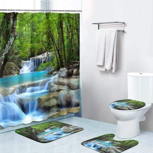 4 Piece Shower Curtain Sets, Scenery Waterfall with Non-Slip Rugs, Toilet Lid... - Picture 1 of 7
