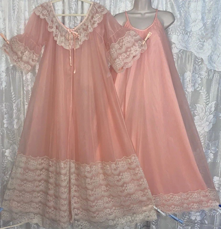 Vtg ML+Tall INTIME Peach Db Sheer Chiffon PRINCESS Peignoir Robe Nightgown SET - Image 1 of 4
