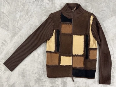 Винтажный Studio Works свитер куртка женщин S замши кожи лоскутное одеяло Western - Изображение 1 из 4