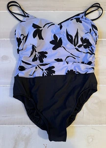 Trim Shaper one piece floral top black bottom swimsuit swim size 16 women’s - Picture 1 of 6
