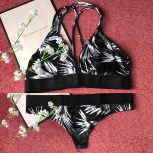 Victoria’s Secret PINK Velvet Bralette & Thong Panty SET Black Palm Medium NEW - Picture 1 of 2