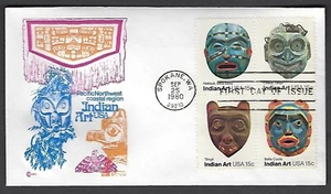 1834-37 Cover Craft Cachets FDC - Pacific Northwest Indian Art - Bk/4 15-cent - Picture 1 of 2