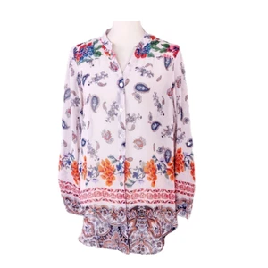 Fig and Flower Blouse Top Floral Pink Sheer Roll Tab Sleeve V Neck Large - Picture 1 of 8