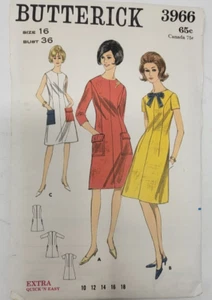 Vestido Butterick 3966 Misses línea A con bolsillos patrón de costura vintage talla 16 - Imagen 1 de 3