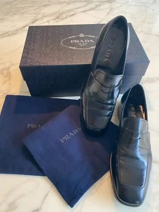 Prada men's black Polished-Leather Penny Loafers Size 6.5, boxed with shoe bags. - Picture 1 of 5