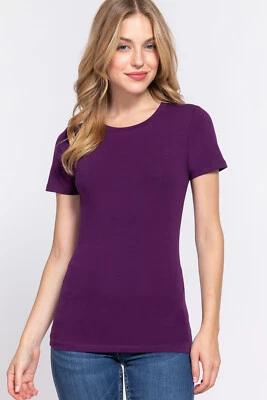 Womens Short Sleeve T-Shirt Crew Neck Stretch Cotton Slim Fit Plain Top - Image 1 of 4