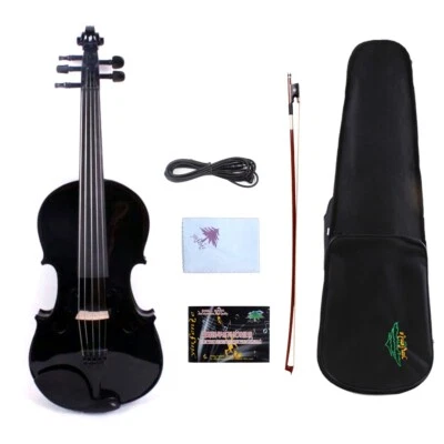 5 String Black 4/4 Electric Acoustic violin Maple Spruce Nice Tone Free Case  - Image 1 of 4