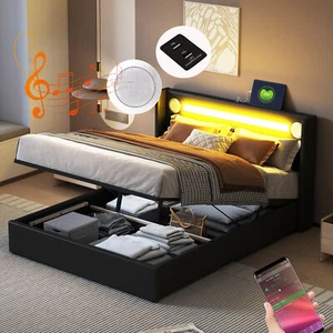90, 140, 160x200cm Polsterbett Doppelbett mit LED Kopfteil, Bluetooth-Player - Bild 1 von 17