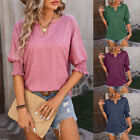 Tees Blouse Tops Pullover T-Shirt Tunic Women Summer Loose Solid Color V Neck