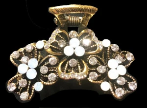 New Antique Gold With Ivory Opal & Clear Crystal 1 1/2" Hair Claw Clip - Picture 1 of 1