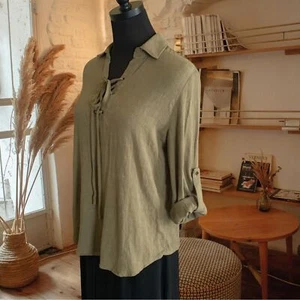 Everly Lace Up Blouse in Cotton Linen Blend, Size Small - Picture 1 of 11